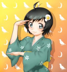  ahoge aqua_kimono araragi_tsukihi bad_id bad_pixiv_id black_hair blue_eyes blush commentary_request egg_(food) egg_hair_ornament female food food-themed_hair_ornament fried_egg hair_ornament japanese_clothes kimono looking_at_viewer monogatari_(series) nisemonogatari onsoku_inu paint.net_(medium) short_hair solo standing 