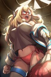  badge blonde_hair blue_eyes breasts female glasses jacket large_breasts long_hair lowres navel open_mouth panties quartermaster_knight red-framed_eyewear red_hair shirt solo sword_girls thighhighs underwear vernika_answer wooni 