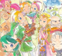  4boys 6+girls artist_request beard blonde_hair blue_eyes closed_eyes darunia dual_persona earrings facial_hair fish_girl gerudo gloves green_hair grey_hair grin hairband hat impa instrument jewelry link long_hair monster_girl multiple_boys multiple_girls nabooru ocarina painting_(medium) pointy_ears ponytail princess_ruto princess_zelda rauru_(ocarina_of_time) red_hair saria_(zelda) smile the_legend_of_zelda the_legend_of_zelda:_ocarina_of_time tiara traditional_media watercolor_(medium) yellow_eyes young_link young_zelda zora 