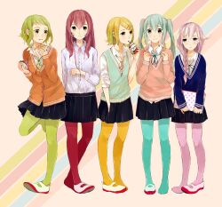  5girls aqua_pantyhose bag blue_legwear cardigan commentary_request green_hair green_legwear gumi hair_ornament hairclip handbag hatsune_miku highres ia_(vocaloid) kagamine_rin megurine_luka multiple_girls orange_legwear orange_shirt pantyhose pink_legwear red_legwear shibashino_(skirtlifting) shirt shoes single_shoe skirt sleeves_pushed_up sweater sweater_vest twintails uwabaki vocaloid yellow_legwear 