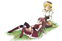  banned_artist beret blonde_hair boots drill_hair food grass hair_ribbon hat long_hair mahou_shoujo_madoka_magica moritan mouth_hold multiple_girls red_eyes red_hair ribbon sakura_kyouko sitting skirt thighhighs tomoe_mami twin_drills twintails wariza yellow_eyes 