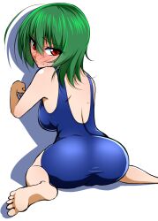  ahoge ass back bad_id bad_pixiv_id barefoot blue_one-piece_swimsuit blush breasts feet female from_behind full-face_blush green_hair kazami_yuuka large_breasts looking_at_viewer looking_back mattari_yufi one-piece_swimsuit red_eyes short_hair sitting solo swimsuit touhou wariza wide_hips 