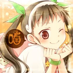  backpack bag bow brown_eyes brown_hair commentary_request female green_ribbons hachikuji_mayoi hair_ribbon hairband hairbow lowres monogatari_(series) nisemonogatari ribbon shima_riu smile solo star_(symbol) twintails 