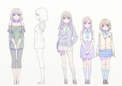  4girls bad_id bad_pixiv_id cardigan commentary_request dress_shirt enkyo_yuuichirou heterochromia idolmaster idolmaster_cinderella_girls kneehighs line_art loafers mimura_kanako mizumoto_yukari mole mole_under_eye multiple_girls multiple_views necktie photoshop_(medium) reference_sheet school_uniform shibuya_rin shirt shoes skirt socks standing takagaki_kaede turnaround 