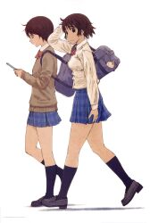  2girls ascot ayase_fuuka azuma_kiyohiko bag brown_eyes brown_hair highres hiwatari kneehighs multiple_girls official_art school_bag school_uniform short_hair simple_background skirt socks sweater thick_eyebrows yotsubato! 