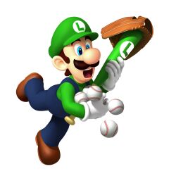  absurdres baseball baseball_bat baseball_glove bat blue_eyes brown_hair dropping facial_hair highres luigi male male_focus mario_(series) moustache nintendo official_art super_mario_bros. white_background 