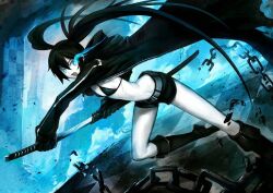  asuka111 belt bikini bikini_top black_bikini black_gloves black_hair black_rock_shooter black_rock_shooter_(character) blue_eyes boots broken broken_chain chains checkered checkered_floor female floor gloves glowing glowing_eyes jacket katana knee_boots legs long_hair long_sleeves looking_at_viewer midriff navel open_mouth pale_skin patipatasavasena scabbard scar sheath shorts solo star star-shaped_pupils swimsuit sword symbol-shaped_pupils thighs twintails unsheathe unsheathed very_long_hair weapon 