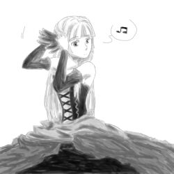  adjusting_hair detached_sleeves drawfag dress female greyscale gwendolyn_(odin_sphere) hair_ornament long_hair monochrome musical_note odin_sphere solo whistling 