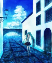  aqua_eyes aqua_hair cloud commentary_request day female hatsune_miku kanro_(dear27) long_hair looking_back outdoors railroad_tracks skirt sky smile solo twintails very_long_hair vocaloid wading water 