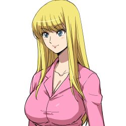  akimoto_katherine_reiko blonde_hair blue_eyes breasts cleavage female hairu kochikame large_breasts long_hair lowres pink_shirt shirt simple_background smile solo 