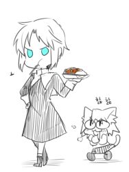  2girls 6_(yuchae) animal_ears blue_eyes carnival_phantasm cat_ears chibi ciel_(tsukihime) commentary_request curry food habit hand_on_own_hip mouth_hold multiple_girls neco-arc nun short_hair tail tsukihime type-moon 