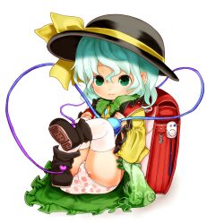  backpack bad_id bad_pixiv_id bag boots floral_print food_print green_eyes hat hat_ribbon hutaba123 komeiji_koishi legs_up long_sleeves panties pantyshot pantyshot_(sitting) print_panties randoseru ribbon shirt short_hair silver_hair sitting skirt smile solo strawberry_panties strawberry_print thighhighs third_eye touhou underwear white_legwear wide_sleeves younger 