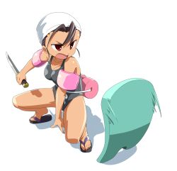  black_hair commentary_request female flotation_belt ibuki_(street_fighter) inflatable_armbands kickboard knife red_eyes reverse_grip sandals school_swimsuit solo street_fighter street_fighter_iii_(series) swim_cap swimsuit takeya_yuuki 