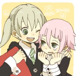  androgynous blonde_hair brown_hair coat copyright_name crona_(soul_eater) cuff_links green_eyes grey_eyes hair_between_eyes hand_on_shoulder looking_at_another maka_albarn makenshi_chrona necktie open_mouth pink_hair short_hair smile soul_eater tears title_drop twintails wink yellow_background yukke 