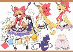  ball_and_chain_restraint belt bloomers chains commentary_request cube cuffs female gourd hair_ribbon hand_on_own_hip horn_ornament horn_ribbon horns ibuki_suika long_hair navel orange_eyes orange_hair photoshop_(medium) pz red_scarf ribbon scarf shackles skirt solo tetrahedron touhou underwear 