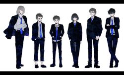  6+boys alternate_costume arm_at_side arms_at_sides ashitaka belt black-framed_eyewear black_footwear black_hair black_jacket black_pants blue_necktie bob_cut brown_hair closed_mouth collared_shirt commentary_request company_connection crossed_arms crossed_legs crossover dress_shirt earrings formal full_body glasses goggles goggles_around_neck grey_shirt haku_(sen_to_chihiro_no_kamikakushi) hand_in_pocket hands_in_pockets highres howl_(howl_no_ugoku_shiro) howl_no_ugoku_shiro jacket jacket_on_shoulders jewelry karigurashi_no_arrietty legs_together letterboxed lineup long_sleeves looking_at_viewer majo_no_takkyuubin mononoke_hime multiple_boys multiple_crossover necktie pants pants_rolled_up pazu photoshop_(medium) sen_to_chihiro_no_kamikakushi shima_(12216388) shirt shoes short_hair shou_(karigurashi_no_arrietty) simple_background smile standing studio_ghibli suit tenkuu_no_shiro_laputa thumb_in_pocket tombo_(majo_no_takkyuubin) white_background 