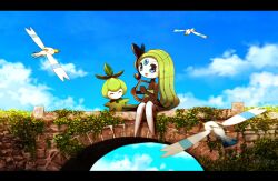  bird blue_eyes blush bridge cloud commentary_request day green_hair hair_ornament harp instrument jewelry letterboxed meloetta meloetta_(aria) music petilil pokemon pokemon_(creature) ribero sitting sky wingull 