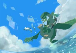  1boy bad_id bad_pixiv_id bandana black_hair brendan_(pokemon) cloud day flying gloves kana0503 ocean outdoors photoshop_(medium) pokemon pokemon_(creature) pokemon_rse sky tropius water wingull 