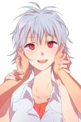  1boy commentary_request hands_on_another&#039;s_cheeks hands_on_another&#039;s_face looking_at_viewer male_focus nagisa_kaworu neon_genesis_evangelion out_of_frame pov pov_hands red_eyes shou_(past) solo_focus 