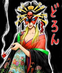  absurdres alternate_costume black_hair blonde_hair breasts cleavage commentary_request doronjo eyeshadow female hair_ornament hair_up highres japanese_clothes kimono kiseru kuroi_kazuhiro makeup mask medium_breasts oiran skull smoking_pipe solo time_bokan_(series) updo yatterman 