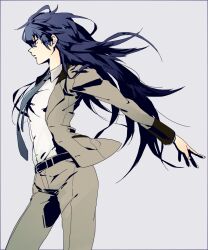  aged_up belt blazer blue_eyes blue_hair breasts commentary_request detective expressionless female formal hair_between_eyes highres jacket long_hair looking_away mossan351 necktie pant_suit pants persona persona_4 persona_x_detective profile serious shirogane_naoto small_breasts solo standing suit 