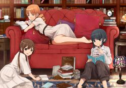  3girls alarm_clock bad_id bad_pixiv_id barefoot black_eyes black_hair book bookshelf braid brown_eyes brown_hair clock couch cup dress drill_hair earrings indoors jewelry koetama lamp long_hair looking_at_viewer lying multiple_girls official_art okiru on_stomach open_book open_mouth orange_eyes orange_hair pillow reading room sakimoto_wakaba saucer short_hair sidelocks sitting smile 