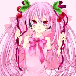  bare_shoulders bow bowtie cherry commentary_request detached_sleeves female food fruit hair_ribbon hatsune_miku headset long_hair lowres pink_eyes pink_hair ribbon sakura_miku solo twintails very_long_hair vocaloid yoitsukishin 