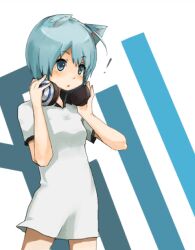  ! ahoge animal_ears blue_eyes blue_hair cat_ears commentary_request dress female headphones katayudetamago nanami_ao short_dress solo yozakura_quartet 