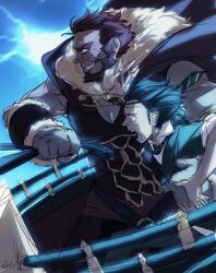  2boys armor beard blue_hair blue_theme bob_cut cape chariot chira commentary_request facial_hair fate/zero fate_(series) gordius_wheel_(fate) iskandar_(fate) male_focus multiple_boys necktie photoshop_(medium) red_hair reins waver_velvet 