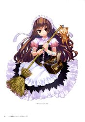  absurdres aisaka_taiga animal bad_link bag bamboo_broom broom brown_hair closed_mouth copyright_notice cropped_torso female highres holding holding_broom long_hair looking_at_viewer maid maid_headdress page_number palmtop_tiger puffy_short_sleeves puffy_sleeves scan scroll short_sleeves shoulder_bag toradora! yasu 