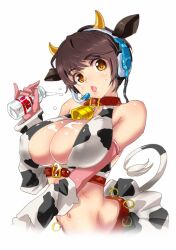  animal_ears animal_print bad_id bad_pixiv_id bare_shoulders bell belt breasts brown_hair cleavage collar cow_ears cow_girl cow_horns cow_print female fujisawa_takashi horns huge_breasts idolmaster idolmaster_cinderella_girls milk navel neck_bell oikawa_shizuku short_hair solo tail 