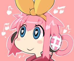  blue_eyes blush_stickers hair_ribbon headphones heart marimarimo music pink pink_hair pixiv_manga_sample plover ribbon sherlock_shellingford short_hair simple_background tantei_opera_milky_holmes 