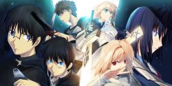  3boys 3girls arcueid_brunestud armor armored_dress artoria_pendragon_(fate) avalon_(fate/stay_night) black_hair blonde_hair blue_eyes commentary_request company_connection crossover dress emiya_shirou excalibur_(fate/stay_night) fate/stay_night fate_(series) faulds glasses glowing glowing_eyes kanshou_&amp;_bakuya_(fate) kara_no_kyoukai kokutou_mikiya matsuki_akira multiple_boys multiple_girls mystic_eyes_of_death_perception red_eyes red_hair ryougi_shiki saber_(fate) short_hair tohno_shiki tsukihime type-moon 