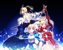  4girls aestus_estus ahoge armor armored_dress artoria_pendragon_(fate) avalon_(fate/stay_night) bare_shoulders blonde_hair bow caliburn_(fate) commentary_request crossover detached_sleeves dress epaulettes excalibur_(fate/stay_night) excalibur_morgan_(fate) fate/extra fate/stay_night fate/unlimited_codes fate_(series) gauntlets green_eyes hair_ribbon hairbow long_hair multiple_girls multiple_persona nero_claudius_(fate) nero_claudius_(fate/extra) parody photoshop_(medium) ponytail ribbon saber_(fate) saber_alter saber_lily shoori_(migiha) style_parody sword takeuchi_takashi_(style) weapon white_hair yellow_eyes 