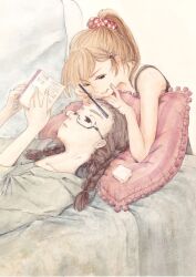  2girls book braid brown_eyes brown_hair commentary_request eyebrows frilled_pillow frills glasses highres holding holding_book holding_razor lying multiple_girls on_back open_book original painting_(medium) photoshop_(medium) pillow ponytail razor straight_razor striped suzumedaka traditional_media twin_braids watercolor_(medium) 