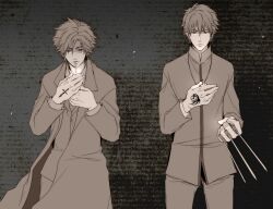  2boys azumi_(myameco) bad_id bad_pixiv_id between_fingers black_keys_(type-moon) cigarette coat command_spell cross cross_necklace emiya_kiritsugu expressionless fate/zero fate_(series) holding holding_cross holding_weapon jewelry kotomine_kirei lighting_cigarette long_coat long_sleeves male_focus monochrome mouth_hold multiple_boys necklace smoking trench_coat weapon 