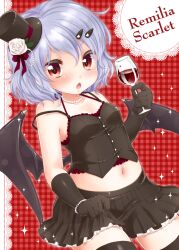  alternate_costume bat_wings black_gloves black_skirt black_thighhighs blue_hair blush bracelet bustier character_name commentary_request cup drinking_glass elbow_gloves female glass gloves hair_ornament hairclip hat holding jewelry midriff mini_hat mini_top_hat navel oerba_yun_fang open_mouth photoshop_(medium) red_eyes remilia_scarlet short_hair skirt solo strap_slip thighhighs top_hat touhou wine_glass wings yukiu_con zettai_ryouiki 