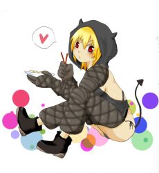  blonde_hair boots chaps chopsticks commentary_request dorohedoro dumpling female food gloves heart hood horns jiaozi long_hair nikaidou_(dorohedoro) panties photoshop_(medium) red_eyes side-tie_panties solo spoken_heart underwear yutoma 