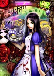  ? alice:_madness_returns alice_liddell_(american_mcgee&#039;s_alice) american_mcgee&#039;s_alice black_hair blood cheshire_cat_(alice_in_wonderland) commentary_request dice dress english_text female flower green_eyes highres holding jupiter_symbol knife lips long_hair looking_at_viewer nidoro photoshop_(medium) rose smile solo teeth uranus_symbol 