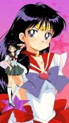  1990s_(style) arm_behind_head arm_up back_bow bishoujo_senshi_sailor_moon black_hair blue_eyes blush bow brooch choker circlet commentary_request earrings elbow_gloves female gloves gradient_background hair_ornament halftone halftone_background heart heart_brooch high_heels highres hino_rei itou_ikuko_(style) jewelry kneehighs light_smile long_hair looking_at_viewer magical_girl mikiky multiple_views official_style one_eye_closed projected_inset purple_background red_sailor_collar red_skirt retro_artstyle sailor_collar sailor_mars sailor_senshi_uniform school_uniform serafuku shoes skirt socks standing star_(symbol) star_choker super_sailor_mars vest 