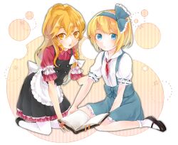  2girls alice_margatroid alice_margatroid_(pc-98) apron blonde_hair blue_eyes blue_hairband book braid commentary_request dress hairband kirisame_marisa long_hair multiple_girls short_hair single_braid touhou touhou_(pc-98) waist_apron yellow_eyes yu-ri_(arium047) 