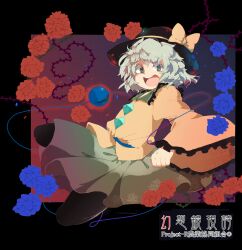  black_pantyhose bow commentary_request female flower green_eyes grey_hair hat hat_bow highres iroyopon komeiji_koishi open_mouth pantyhose partial_commentary short_hair skirt solo spell_card third_eye touhou 