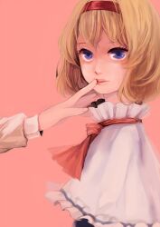  alice_margatroid blonde_hair commentary_request female finger_to_another&#039;s_mouth hairband hand_on_another&#039;s_face lips meiji_(charisma_serve) out_of_frame purple_eyes shaded_face short_hair simple_background solo_focus touhou 