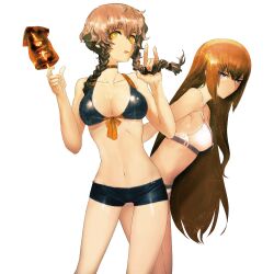  2girls :q \n/ absurdres amane_suzuha bare_shoulders bikini blue_eyes braid breasts brown_hair cleavage food front-tie_top highres huke ikayaki leaning_forward long_hair looking_at_viewer makise_kurisu medium_breasts multiple_girls navel official_art pout short_shorts shorts simple_background squid steins;gate swimsuit tongue tongue_out twin_braids white_background white_bikini yellow_eyes 