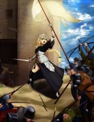  absurdres armor armored_dress army arrow_(projectile) battle blonde_hair blue_eyes bow_(weapon) braid castle commentary_request cross dress facial_hair fate/apocrypha fate/zero fate_(series) female flag gauntlets headpiece helmet highres jeanne_d&#039;arc_(fate) jeanne_d&#039;arc_(ruler)_(fate) long_hair moustache photoshop_(medium) planted planted_arrow purple_eyes single_braid soldier sword thighhighs very_long_hair war weapon zhou_siwei 