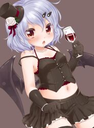  bat_wings black_gloves blue_hair blush bracelet commentary_request cup drinking_glass female gloves hair_ornament hairclip hat holding jewelry navel photoshop_(medium) red_eyes remilia_scarlet simple_background skirt solo touhou wine_glass wings yukiu_con 