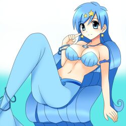  bare_shoulders blue_eyes blue_hair bracelet breasts female houshou_hanon jewelry mermaid mermaid_melody_pichi_pichi_pitch monster_girl necklace shell shell_bikini shell_bra smile star 