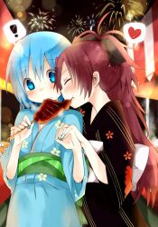  ! 2girls aerial_fireworks alternate_costume bad_id bad_pixiv_id blue_dress blue_eyes blue_hair blush brown_dress closed_eyes dress eating festival fireworks floral_print food hagino_makoto heart holding_hands ikayaki japanese_clothes kimono lights long_hair mahou_shoujo_madoka_magica mahou_shoujo_madoka_magica_(anime) miki_sayaka multiple_girls night obi photoshop_(medium) red_hair sakura_kyoko sash short_hair sky spoken_heart squid stick 