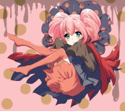  aqua_eyes cape charlotte_(madoka_magica) commentary_request female mahou_shoujo_madoka_magica mahou_shoujo_madoka_magica_(anime) negiko personification pink_hair polka_dot sleeves_past_wrists thighhighs twintails 