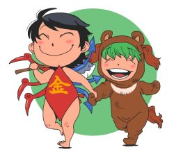  2girls aged_down alternate_costume animal_costume animal_ears apron asymmetrical_wings axe bad_id bad_pixiv_id barefoot bear_costume black_hair closed_eyes commentary_request feet green_hair holding_hands houjuu_nue kasodani_kyouko multiple_girls onikobe_rin smile tail toes touhou weapon wings 